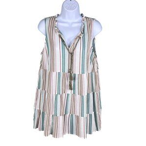 J Jill Womens M Tiered Tunic Top Tassels Sleeveless Striped Ruffled Boho Blouse